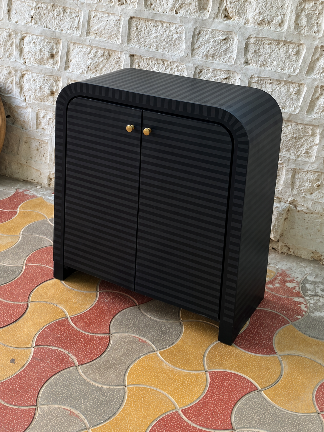 Handmade Black Fluted 2 Door Cabinet with Gold Knobs