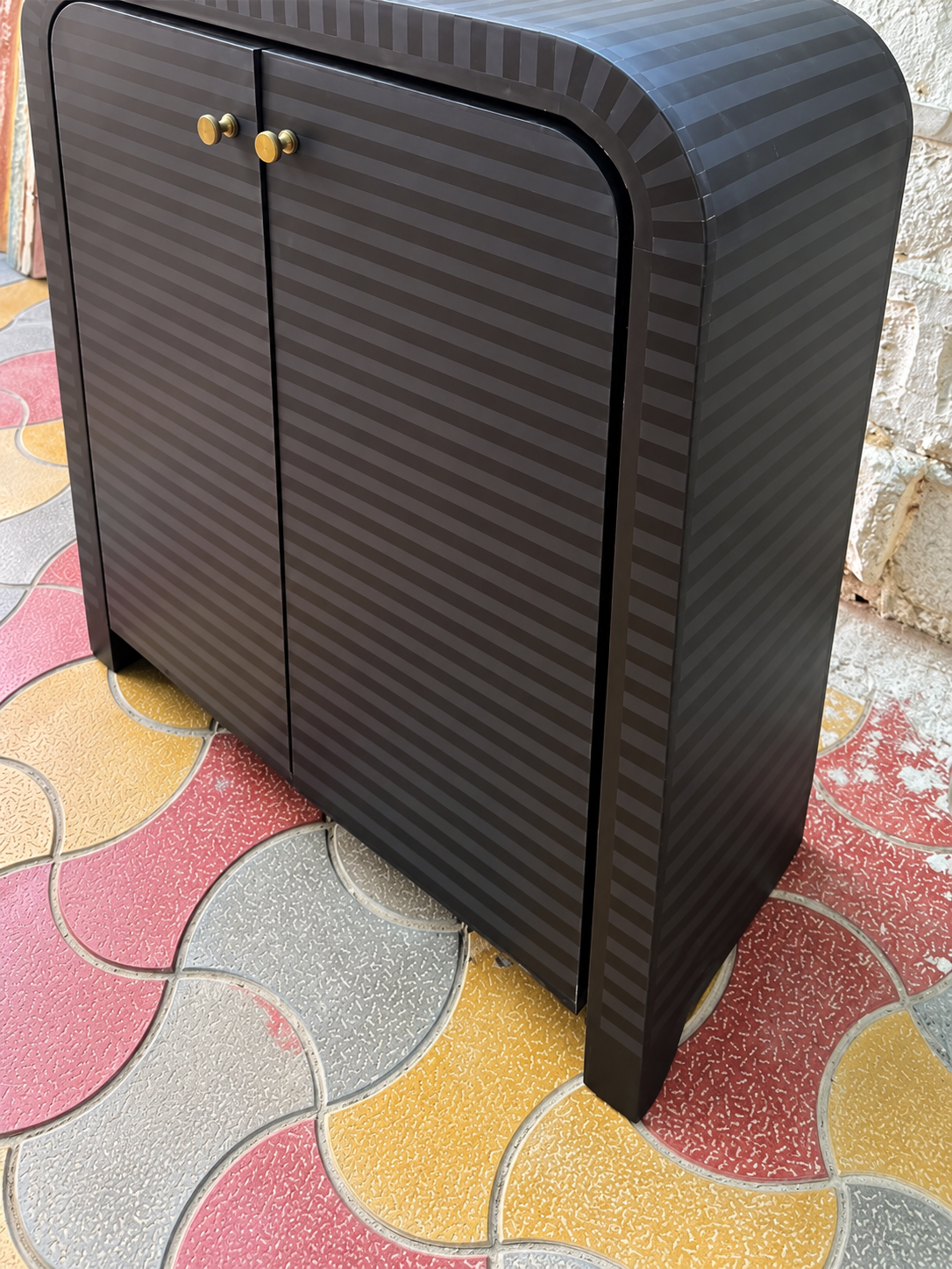 Handmade Black Fluted 2 Door Cabinet with Gold Knobs