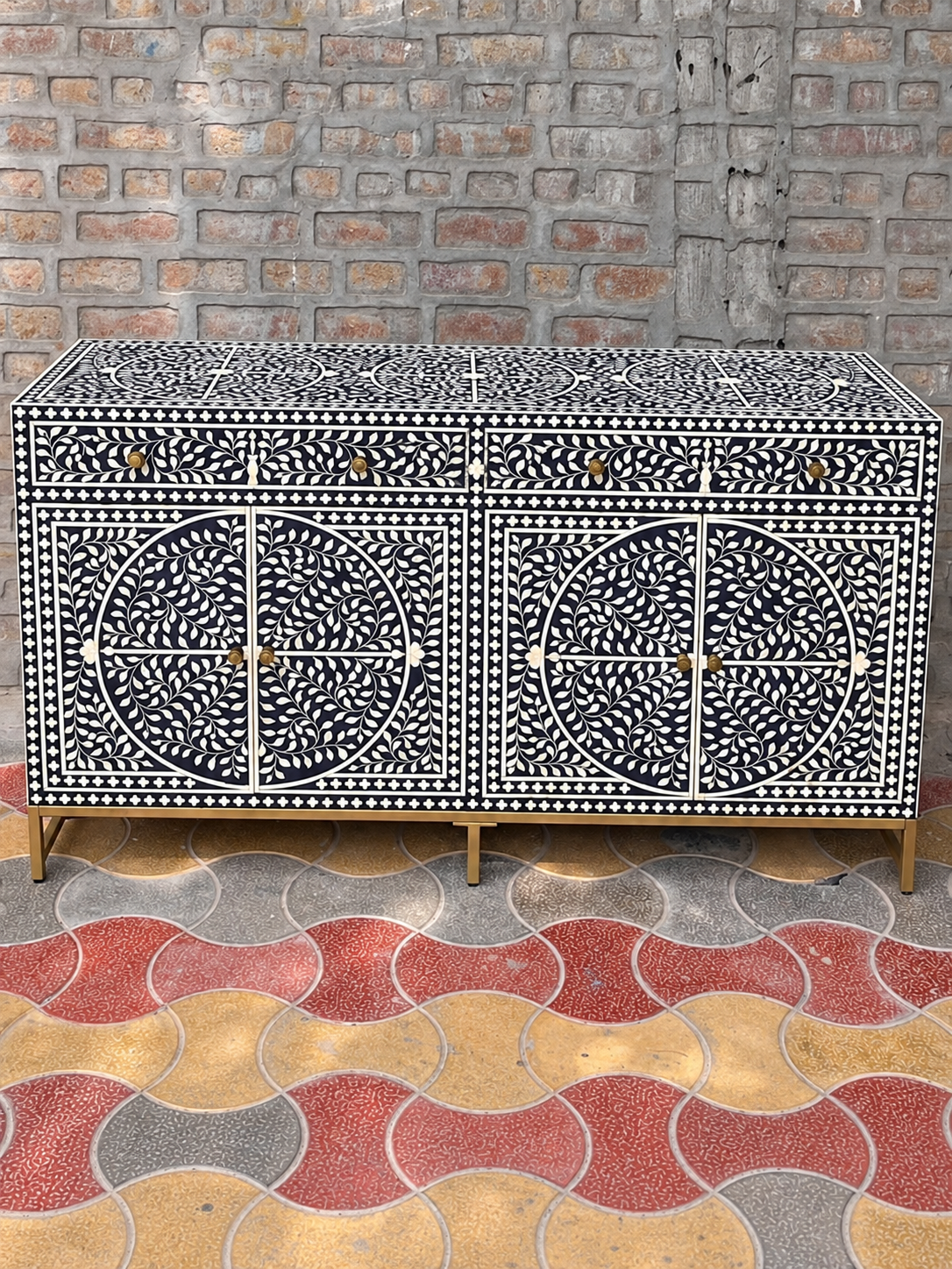Handmade Black Bone Inlay Sideboard – Floral 4 Door Storage Cabinet