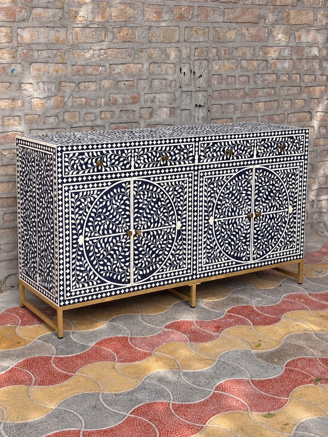 Handmade Black Bone Inlay Sideboard – Floral 4 Door Storage Cabinet