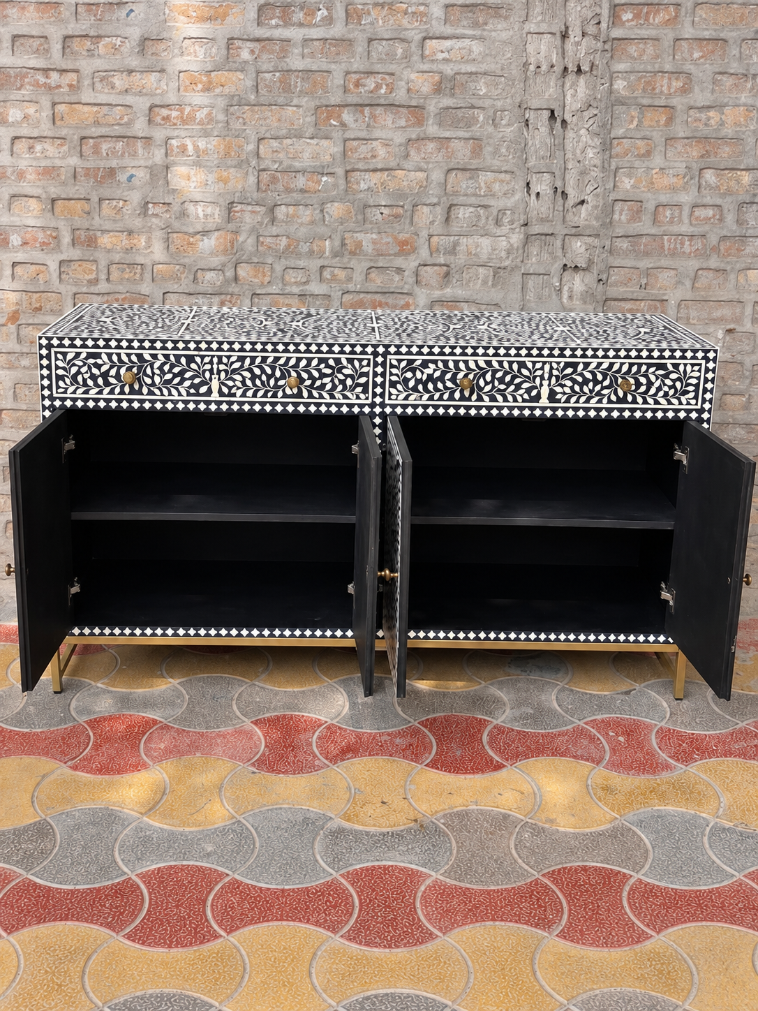 Handmade Black Bone Inlay Sideboard – Floral 4 Door Storage Cabinet