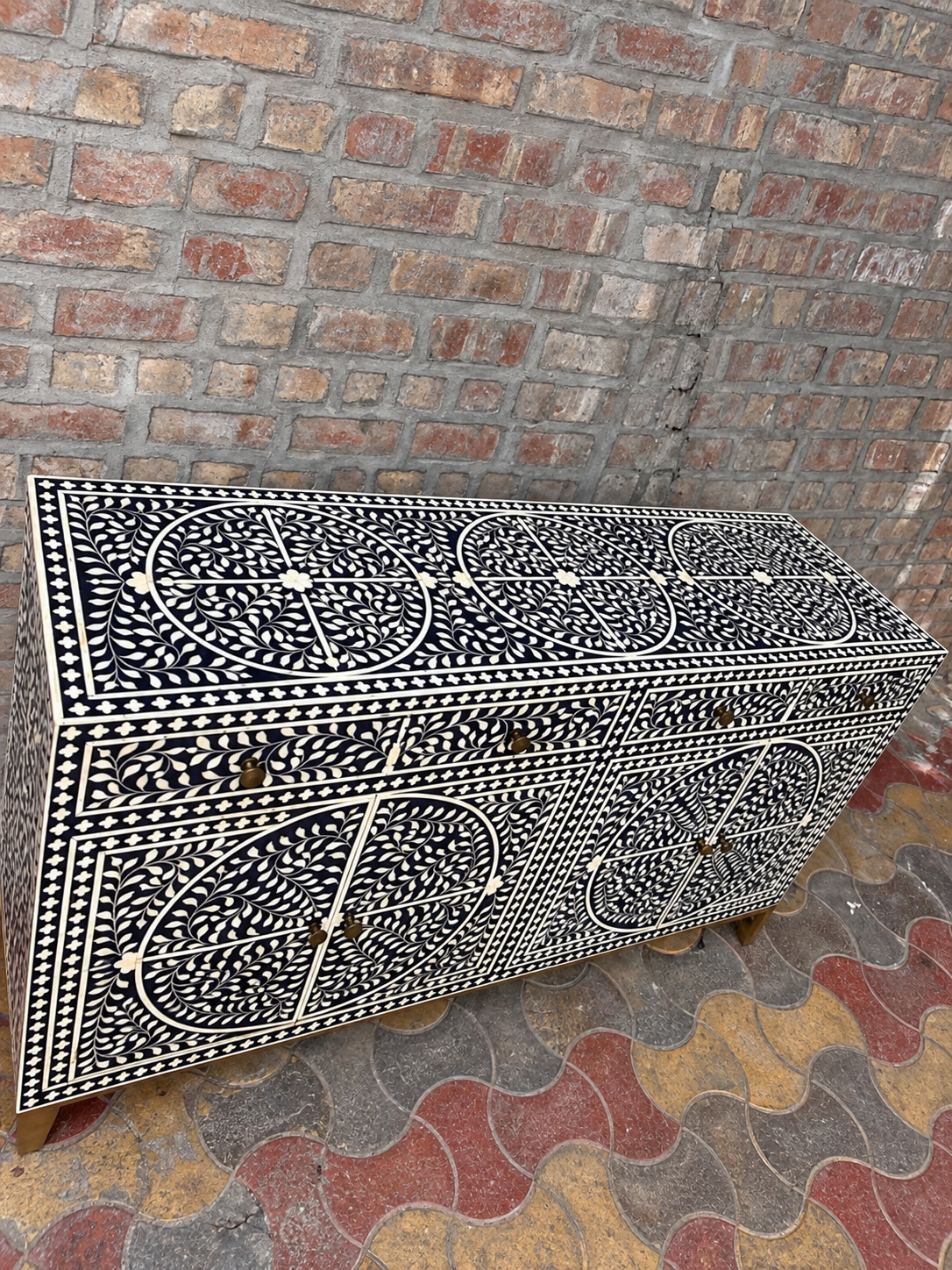 Handmade Black Bone Inlay Sideboard – Floral 4 Door Storage Cabinet