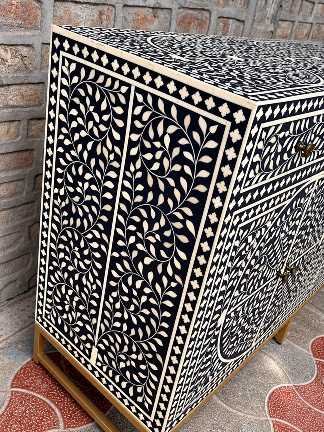 Handmade Black Bone Inlay Sideboard – Floral 4 Door Storage Cabinet