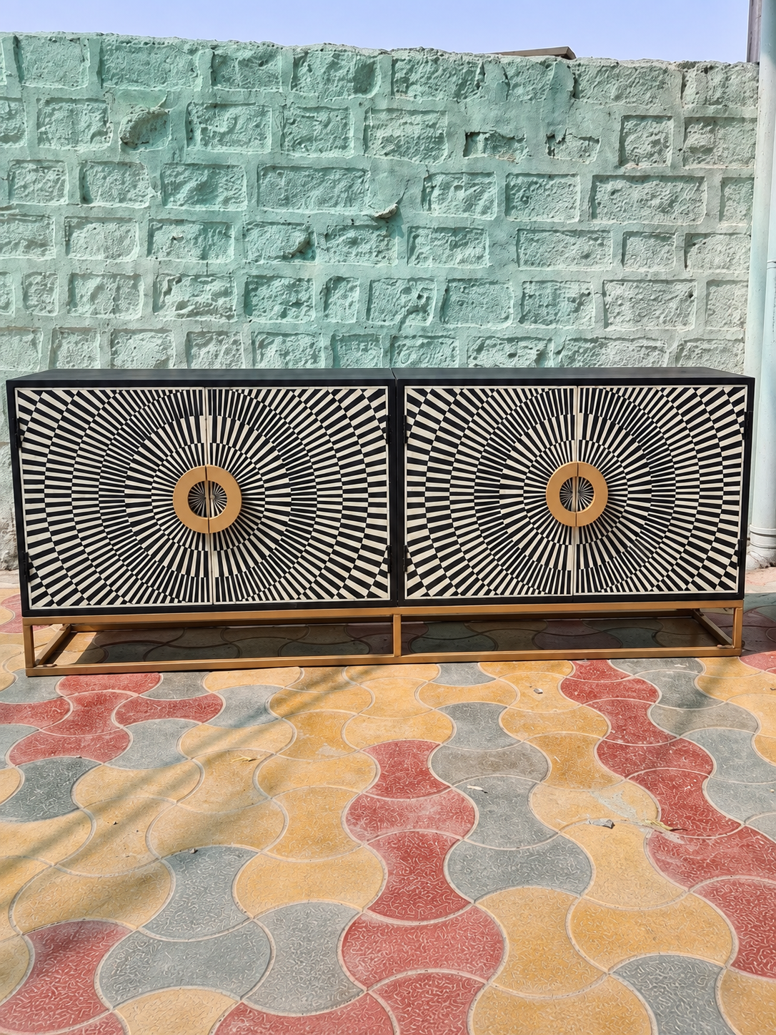 Handmade Black & White Bone Inlay Sideboard – Sunburst 4 Door Cabinet