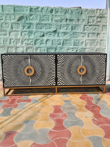 Handmade Black & White Bone Inlay Sideboard – Sunburst 4 Door Cabinet