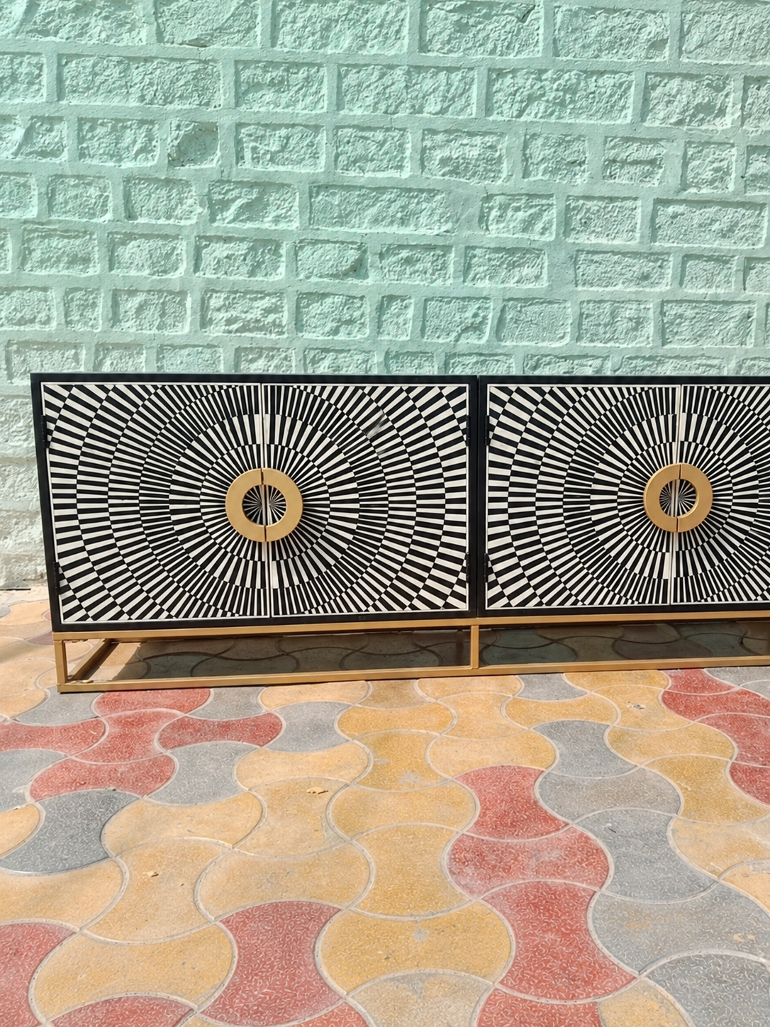 Handmade Black & White Bone Inlay Sideboard – Sunburst 4 Door Cabinet