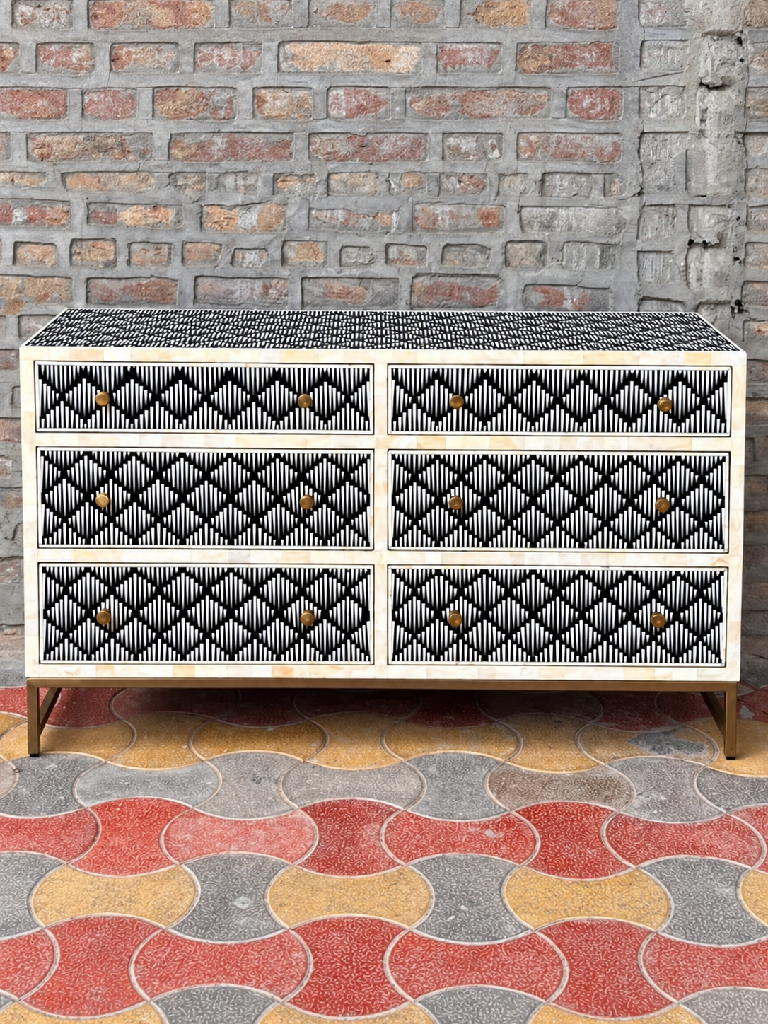 Handmade Black & White Bone Inlay 6 Drawer Dresser – Geometric Diamond Design