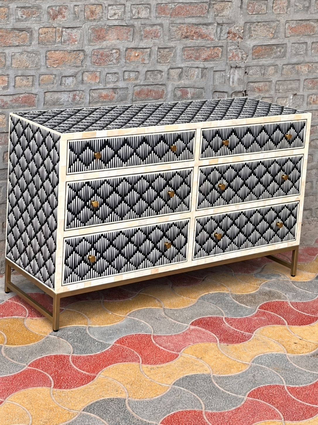 Handmade Black & White Bone Inlay 6 Drawer Dresser – Geometric Diamond Design
