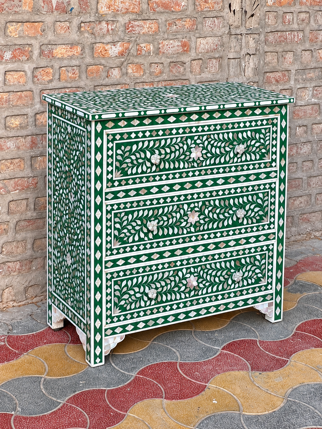 Green Mother of Pearl Inlay Chest of Drawers – 3 Drawer Floral Dresser