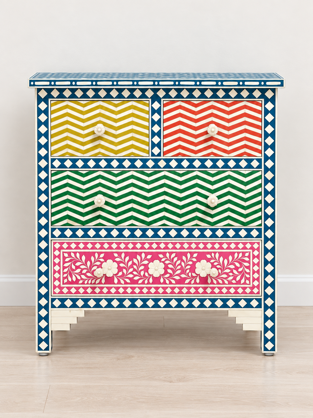 Handmade Multicolor Bone Inlay Chest of Drawers – Chevron Floral Dresser
