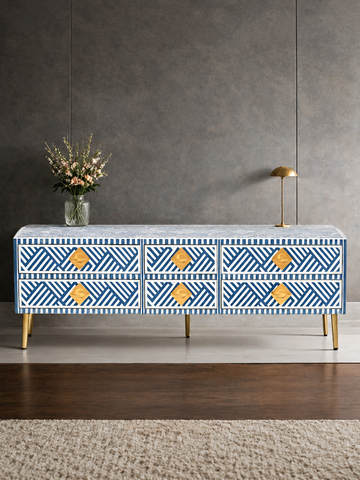 Handmade Blue & White Bone Inlay TV Unit – 6 Drawer Media Console