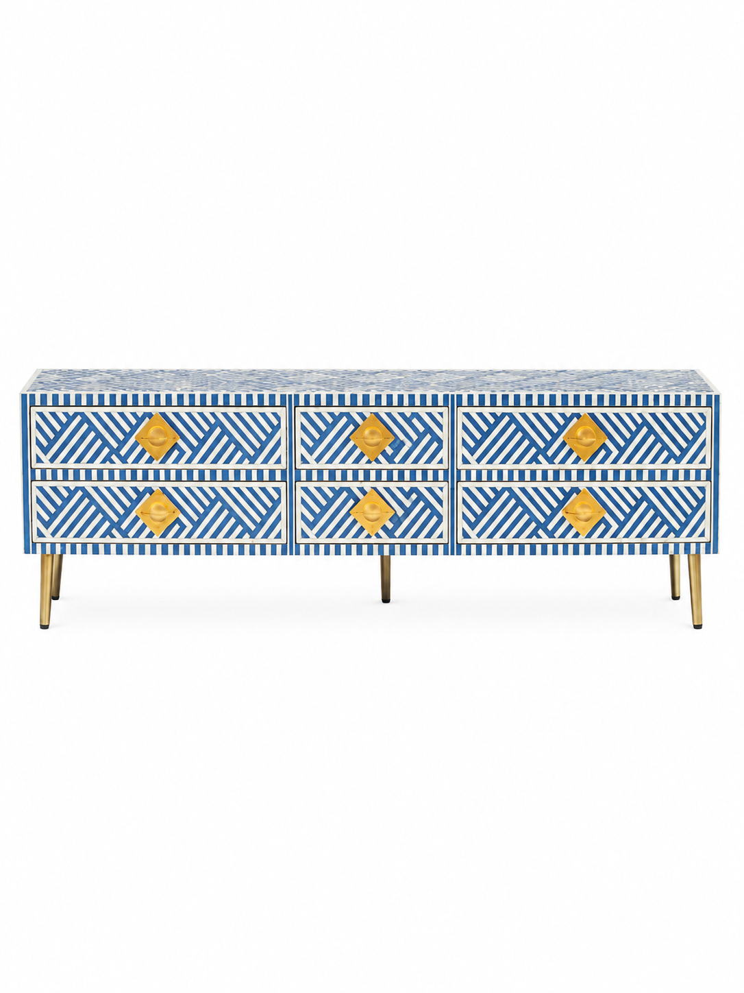 Handmade Blue & White Bone Inlay TV Unit – 6 Drawer Media Console