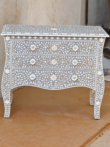 Grey mother of pearl inlay chest of drawers with three drawers, floral pattern and curved legs