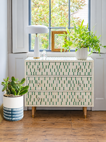 Handmade White & Green Bone Inlay Dresser – 3 Drawer Chest of Drawers