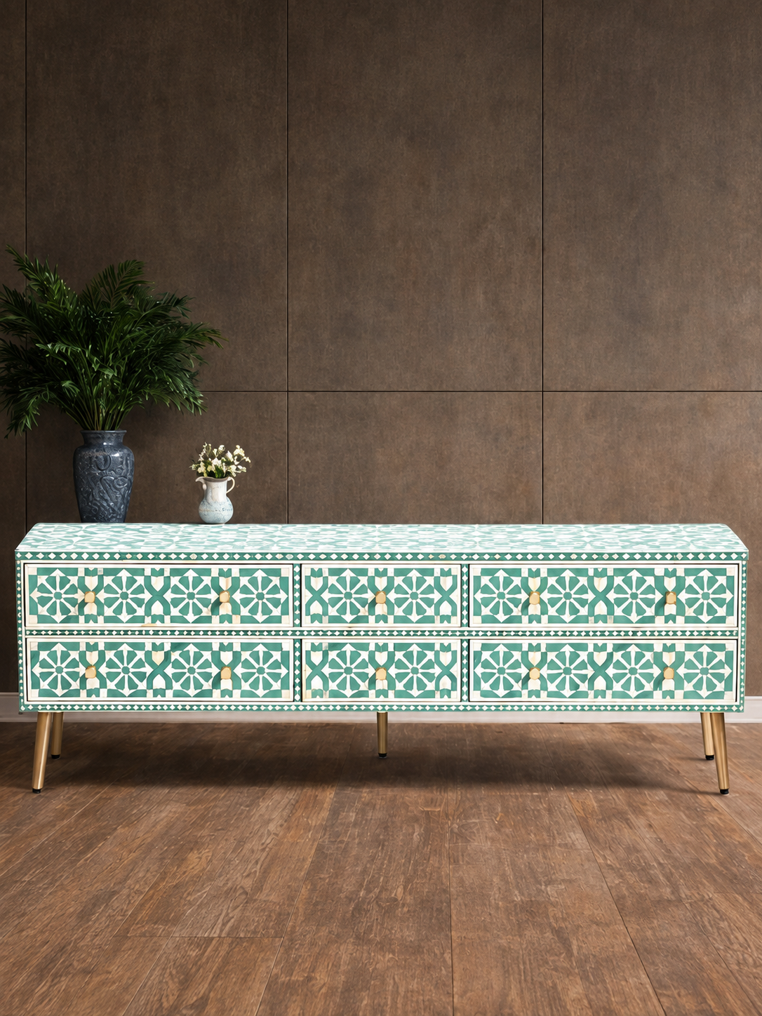 Handmade Green Bone Inlay TV Unit – 6 Drawer Media Console