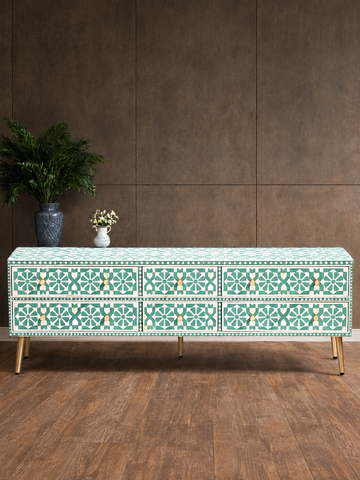Handmade Green Bone Inlay TV Unit – 6 Drawer Media Console