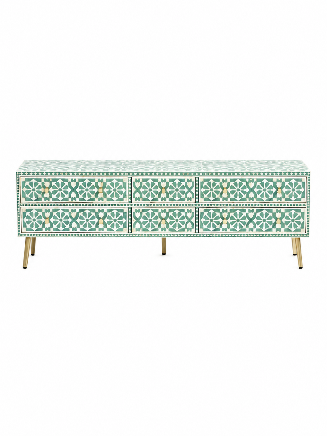 Handmade Green Bone Inlay TV Unit – 6 Drawer Media Console
