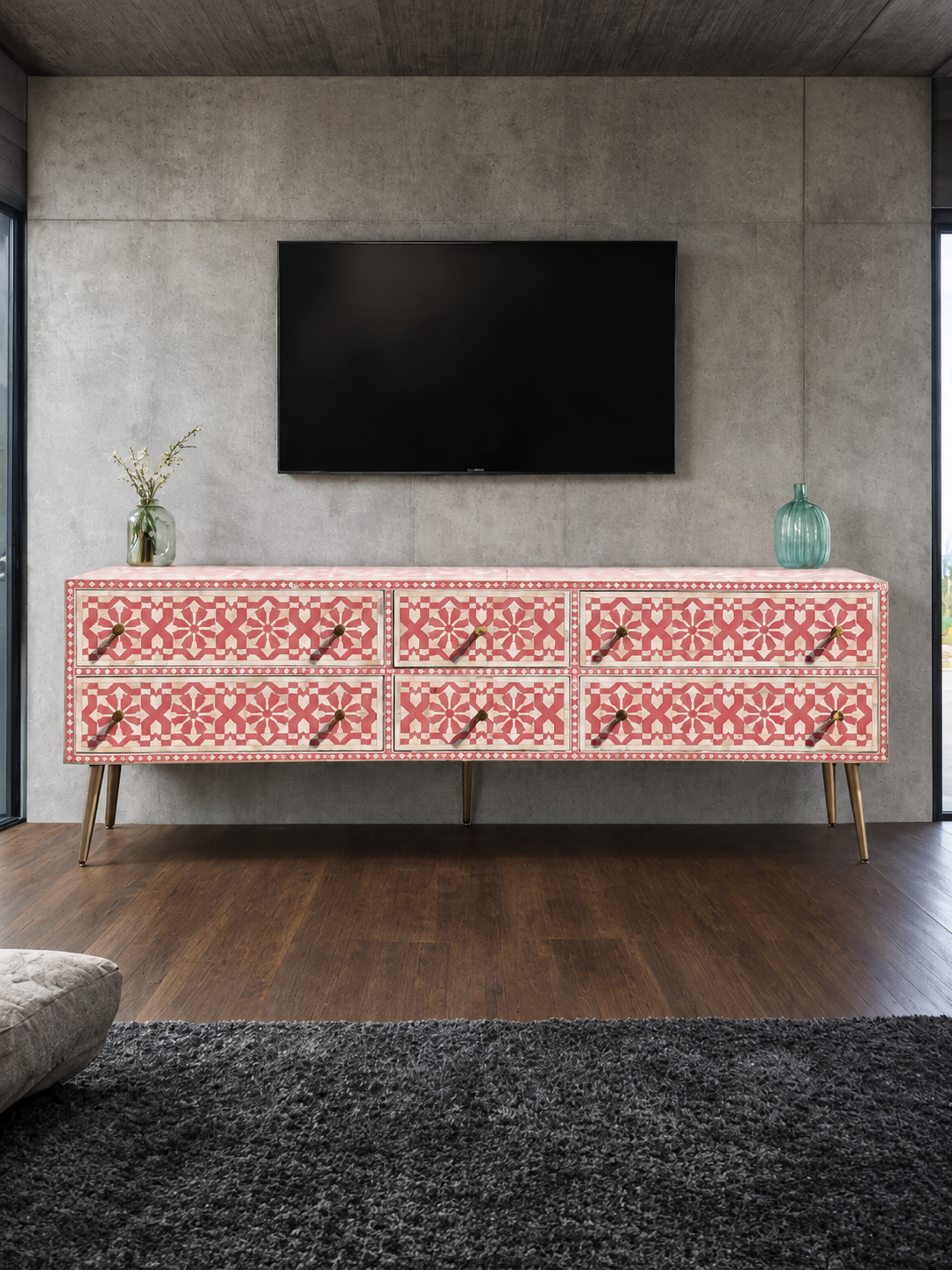 Handmade Pink Bone Inlay TV Unit – 6 Drawer Media Console