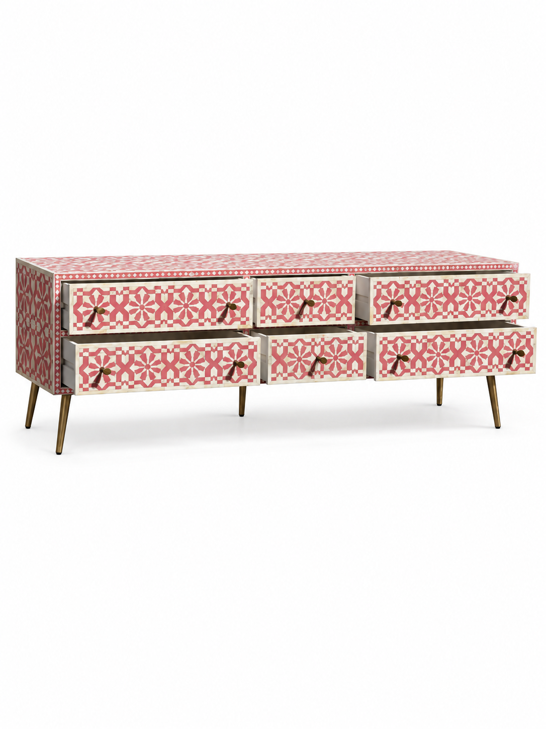 Handmade Pink Bone Inlay TV Unit – 6 Drawer Media Console