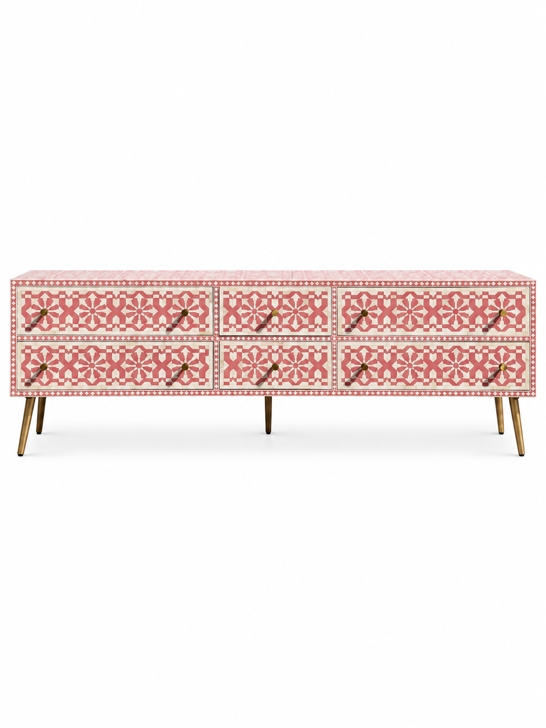 Handmade Pink Bone Inlay TV Unit – 6 Drawer Media Console