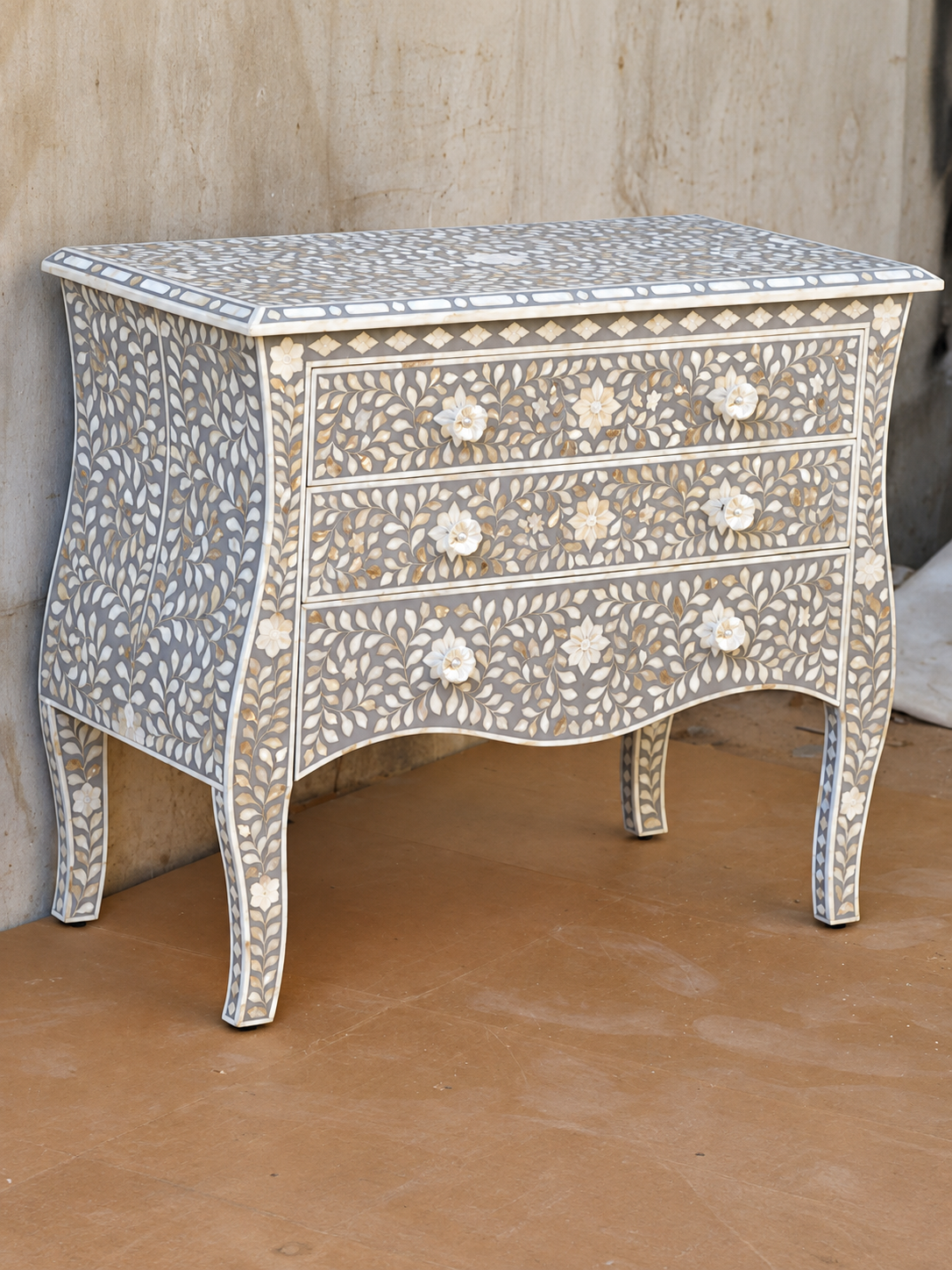Grey Mother of Pearl Inlay Chest of Drawers – 3 Drawer Floral Dresser