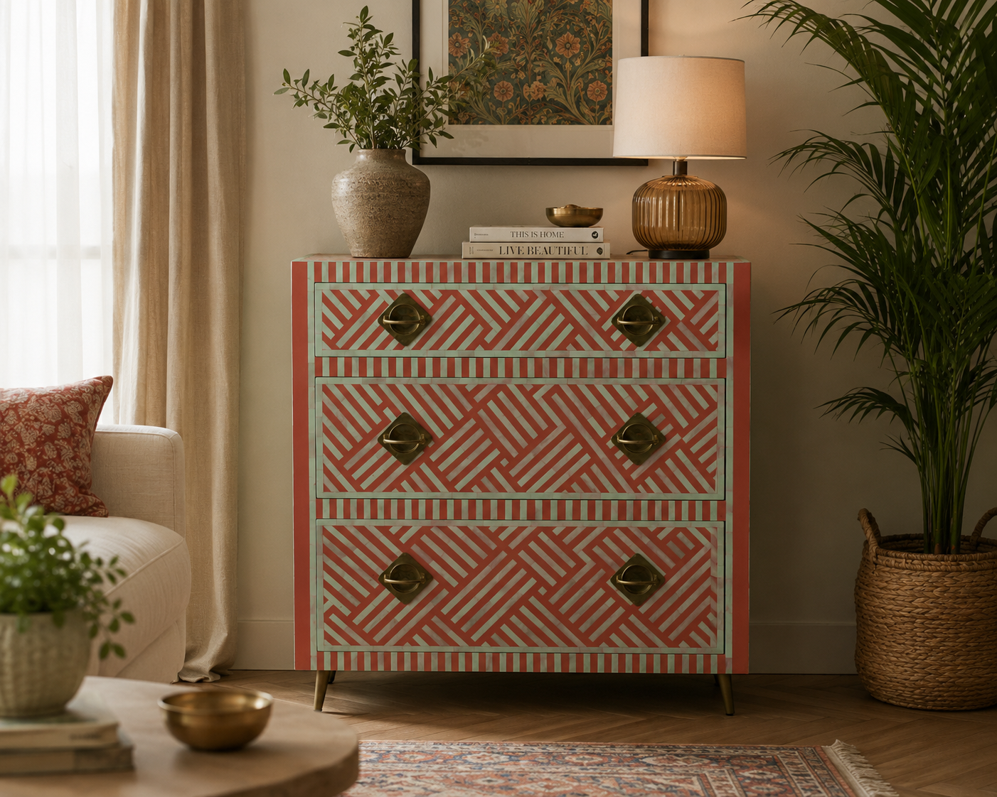Handmade Pink Bone Inlay Chest of Drawers | Geometric 3 Drawer Dresser