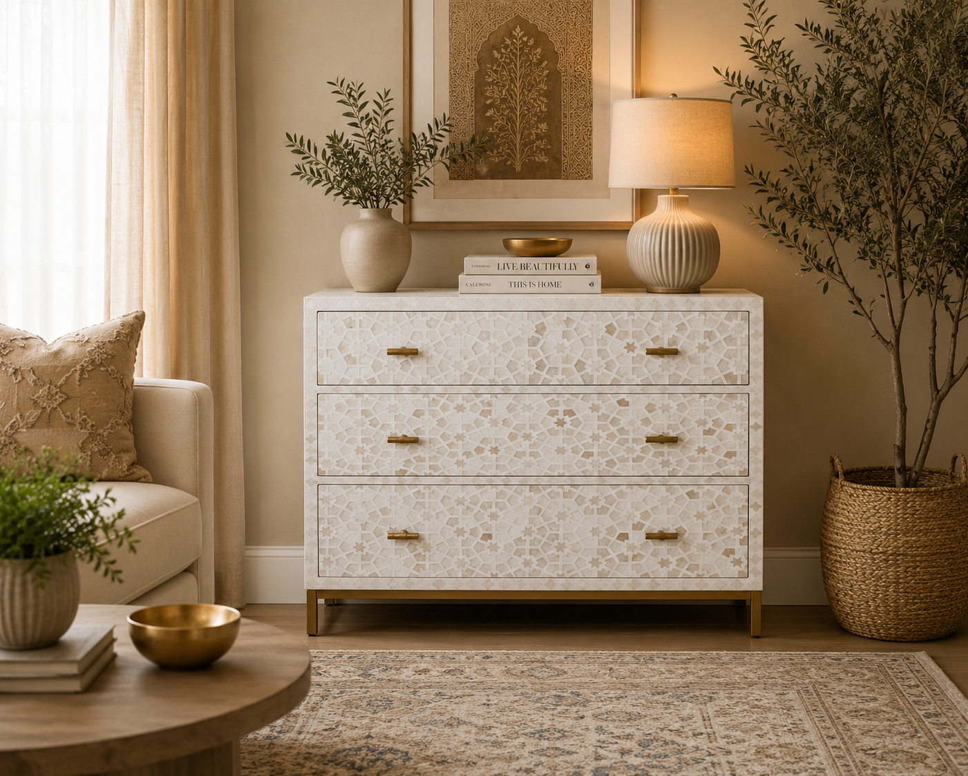 White Bone Inlay 3 Drawer Dresser Chest – Geometric Pattern Storage Cabinet