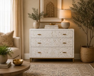 White Bone Inlay 3 Drawer Dresser Chest – Geometric Pattern Storage Cabinet