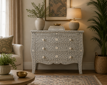 Handmade Grey Bone Inlay Sideboard Cabinet – Floral Pattern Storage Console