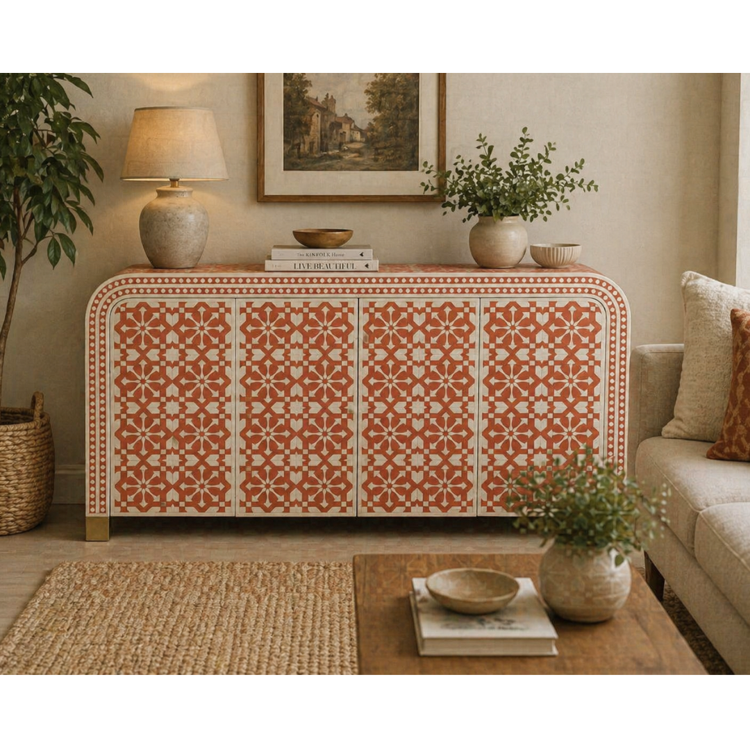 Handmade Bone Inlay Arrow Design Sideboard – Coral White Buffet Cabinet, Luxury Storage Credenza, Artisan Inlay Furniture (Copy)
