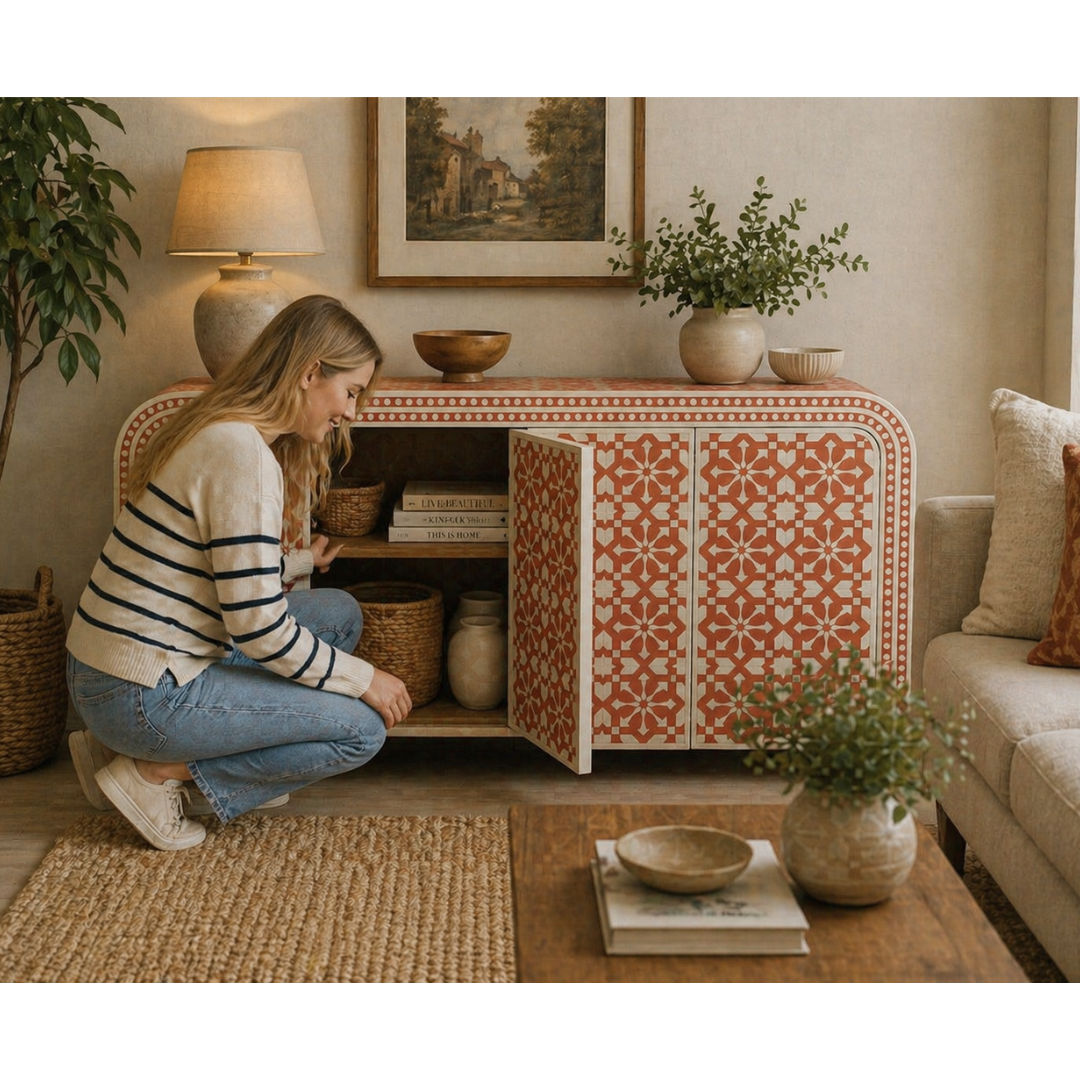 Handmade Bone Inlay Arrow Design Sideboard – Coral White Buffet Cabinet, Luxury Storage Credenza, Artisan Inlay Furniture (Copy)