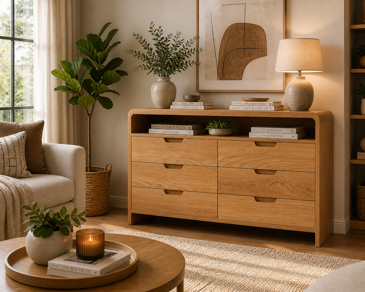 Solid Wood 6 Drawer Dresser with Open Shelf | Modern Wooden Chest of Drawers | Bedroom Storage Cabinet