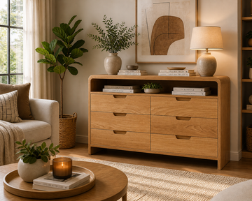 Solid Wood 6 Drawer Dresser with Open Shelf | Modern Wooden Chest of Drawers | Bedroom Storage Cabinet