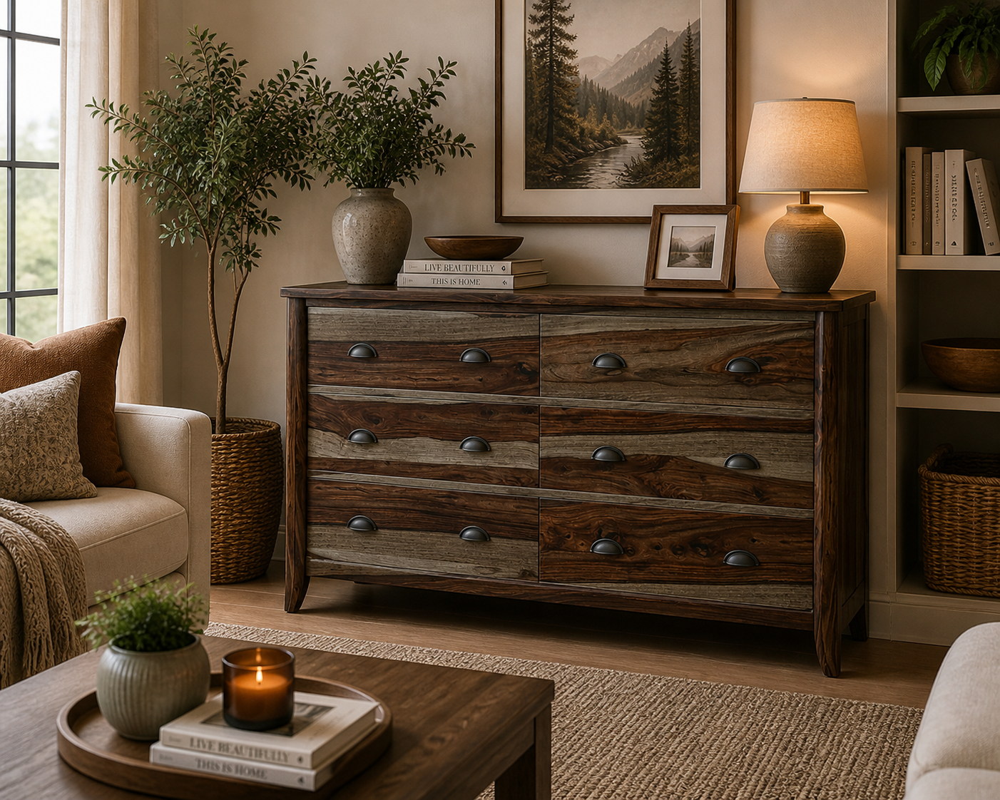 Rustic Solid Wood 6 Drawer Dresser | Farmhouse Wooden Chest of Drawers | Bedroom Storage Cabinet
