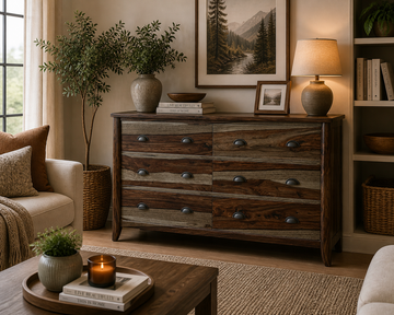 Rustic Solid Wood 6 Drawer Dresser | Farmhouse Wooden Chest of Drawers | Bedroom Storage Cabinet