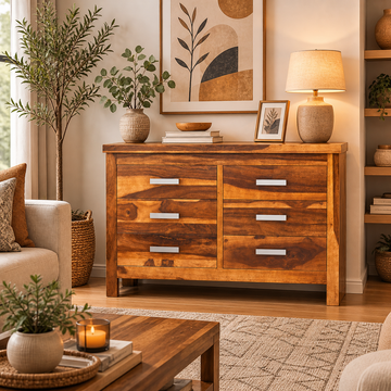 Mid Century Solid Wood 6 Drawer Dresser | Modern Wooden Chest of Drawers | Bedroom Storage Cabinet