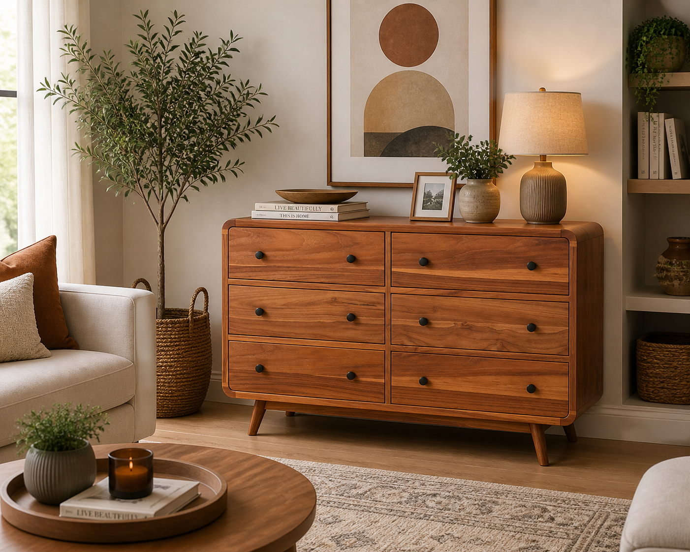 Mid Century Modern Teak Solid Wood 6 Drawer Dresser | Scandinavian Wooden Chest of Drawers | Minimalist Bedroom Storage Cabinet