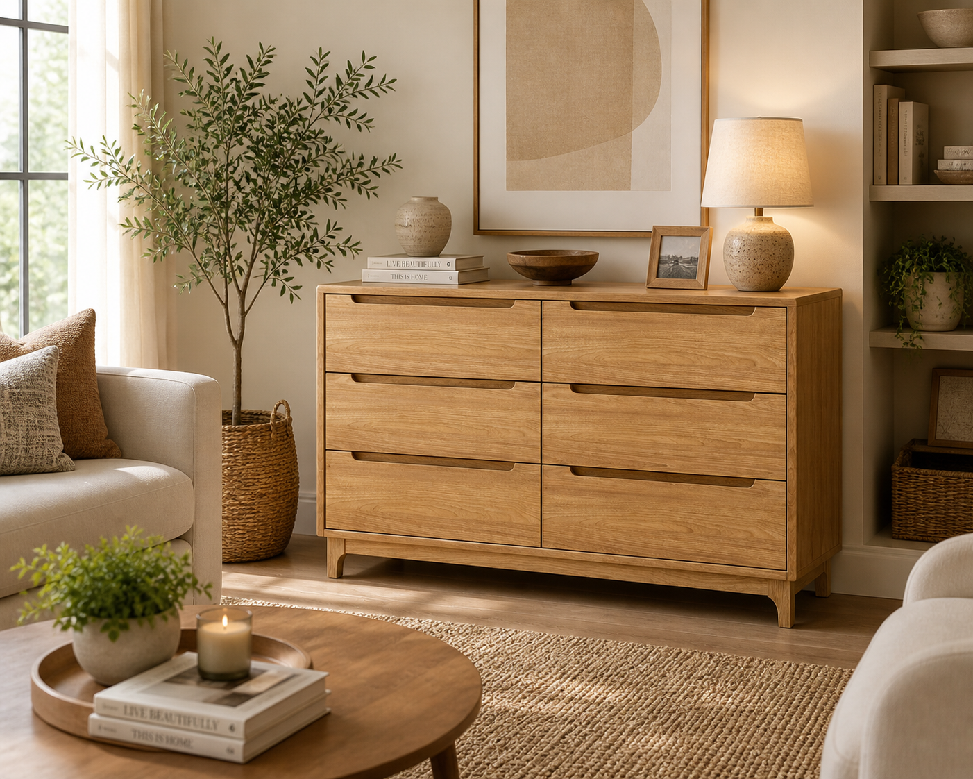 Scandinavian Solid Wood 6 Drawer Dresser | Minimalist Oak Chest of Drawers | Modern Bedroom Storage Cabinet