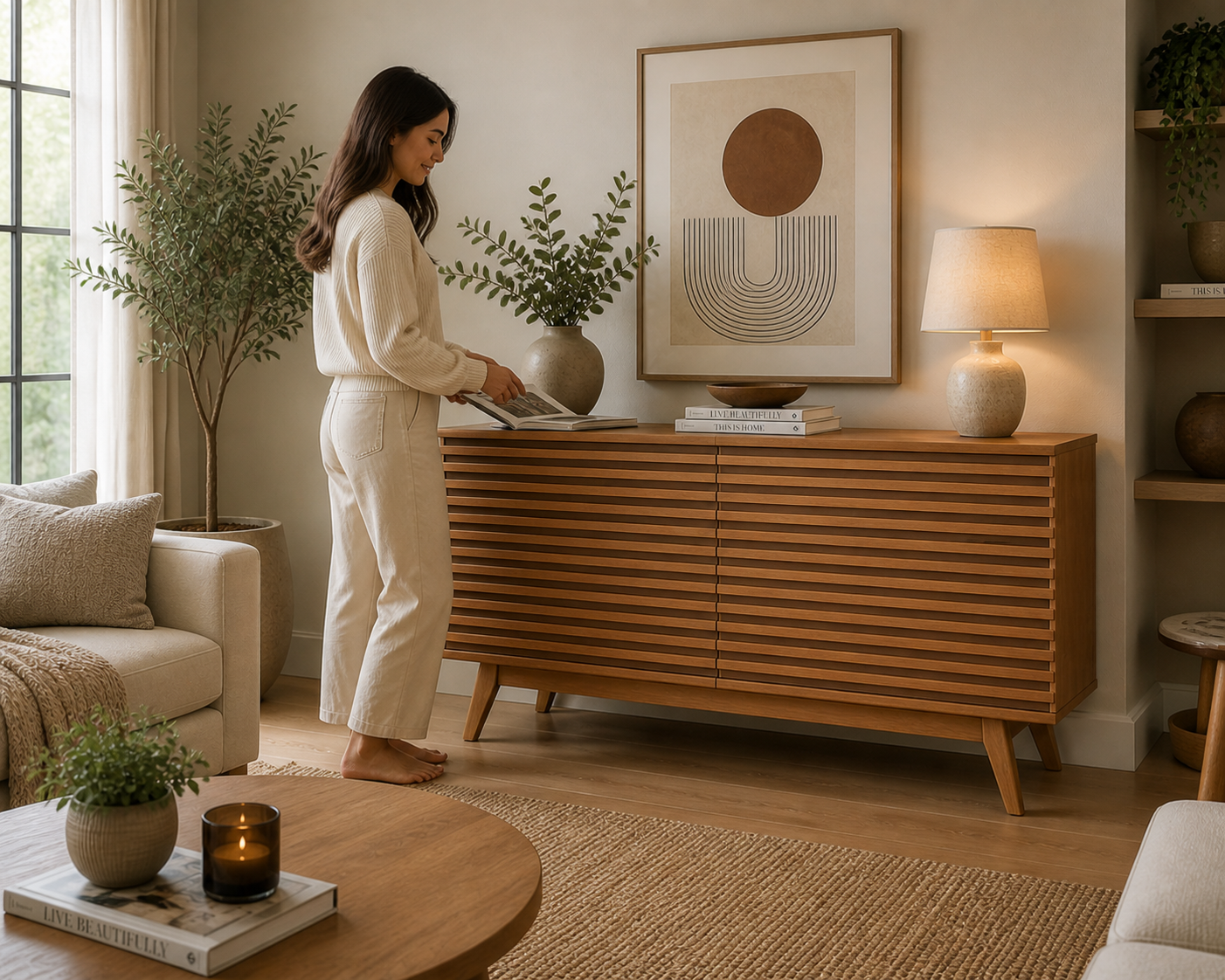 Mid Century Slatted Wood 6 Drawer Dresser | Teak Modern Chest of Drawers | Retro Bedroom Storage Cabinet