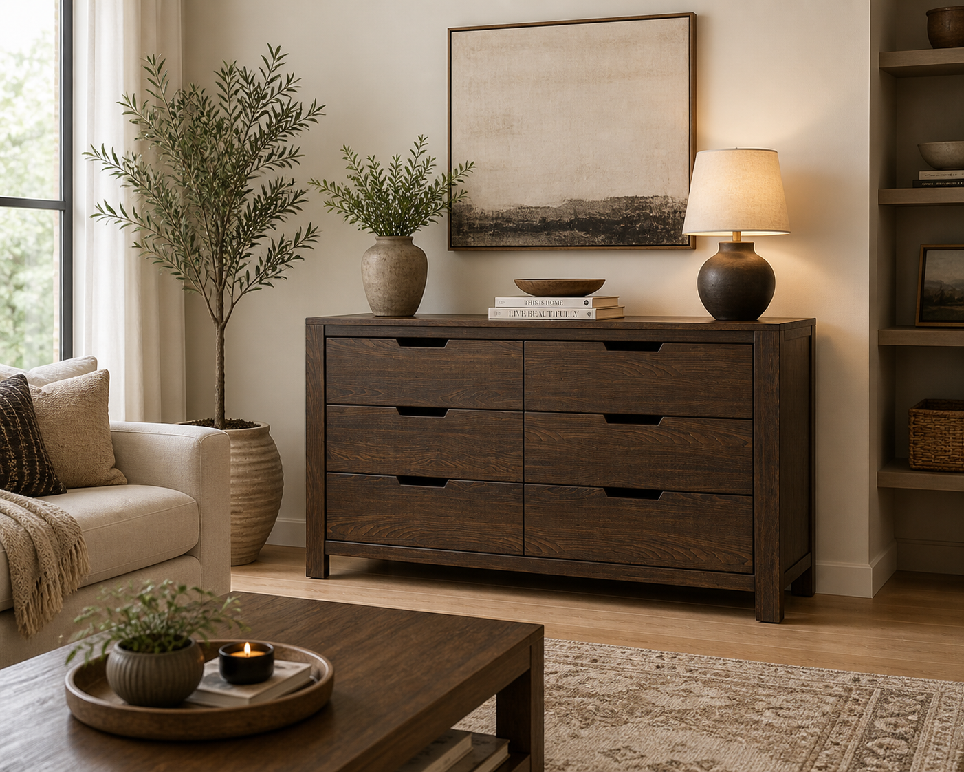 Rustic Solid Wood 6 Drawer Dresser | Dark Modern Farmhouse Chest of Drawers | Minimalist Bedroom Storage Cabinet