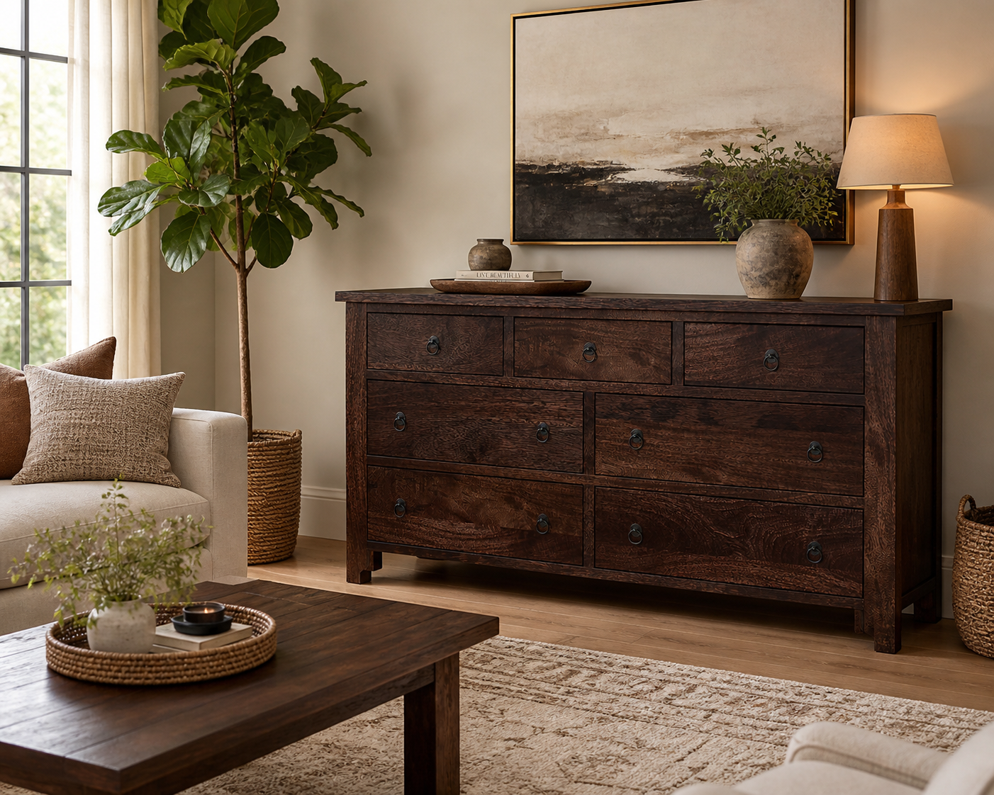 Handcrafted Solid Wood 7 Drawer Dresser | Rustic Dark Wood Chest of Drawers | Traditional Bedroom Storage Cabinet