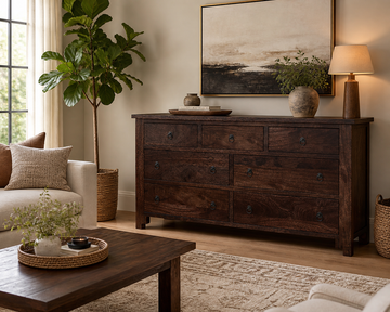 Handcrafted Solid Wood 7 Drawer Dresser | Rustic Dark Wood Chest of Drawers | Traditional Bedroom Storage Cabinet