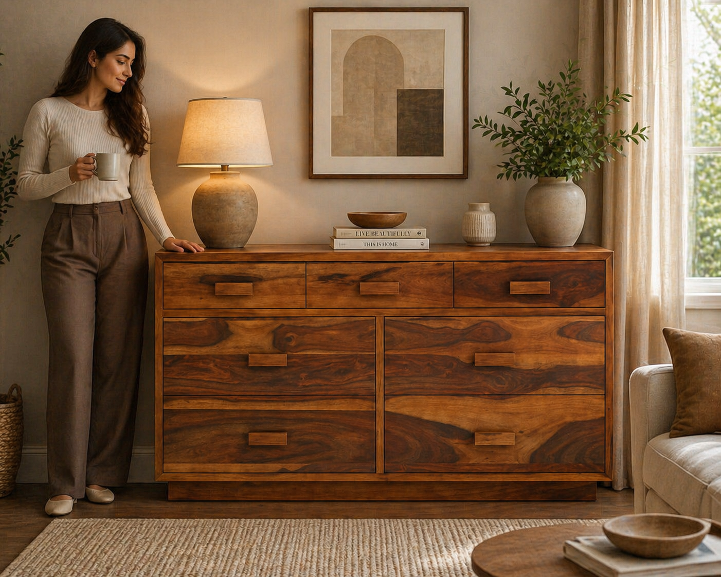 Solid Wood 6 Drawer Dresser | Modern Wooden Chest of Drawers | Large Bedroom Storage Cabinet | Handmade Furniture