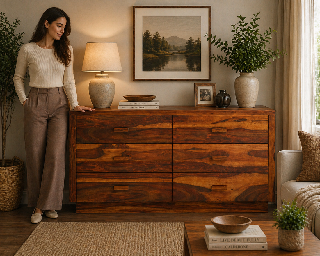 Solid Wood 6 Drawer Dresser | Rustic Wooden Chest of Drawers | Modern Bedroom Storage Cabinet | Handmade Furniture