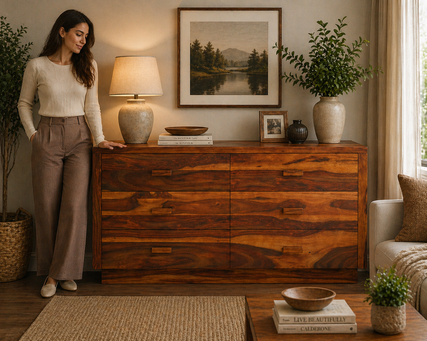 Solid Wood 6 Drawer Dresser | Rustic Wooden Chest of Drawers | Modern Bedroom Storage Cabinet | Handmade Furniture