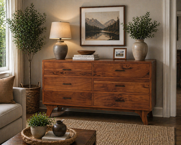 Mid Century Solid Wood 6 Drawer Dresser | Rustic Wooden Chest of Drawers | Modern Bedroom Storage Cabinet | Handmade Furniture