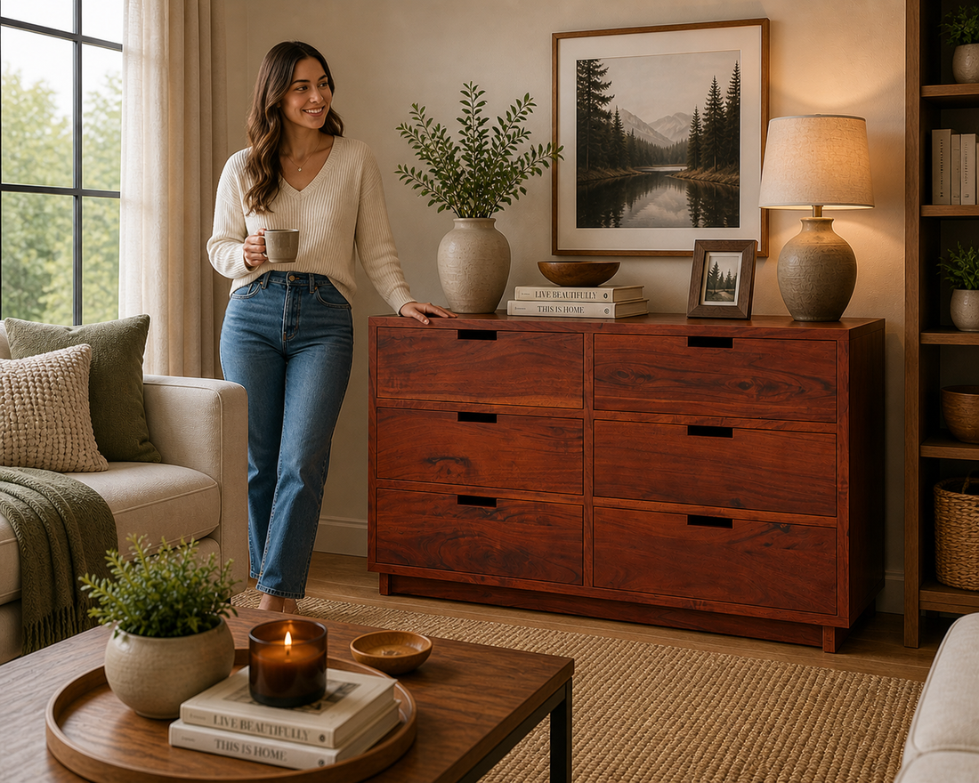 Solid Wood 6 Drawer Dresser | Modern Wooden Chest of Drawers | Minimalist Bedroom Storage Cabinet