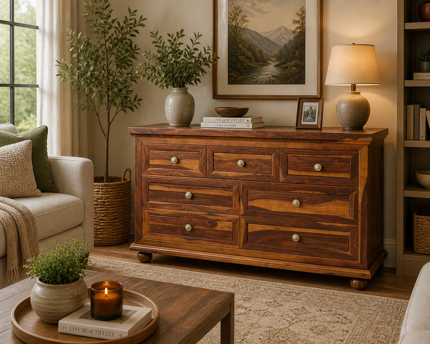 Solid Wood 7 Drawer Dresser | Rustic Wooden Chest of Drawers | Farmhouse Bedroom Storage Cabinet