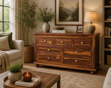 Solid Wood 7 Drawer Dresser | Rustic Wooden Chest of Drawers | Farmhouse Bedroom Storage Cabinet