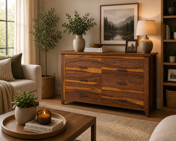 Solid Wood 6 Drawer Dresser | Modern Wooden Double Dresser | Minimalist Bedroom Storage Cabinet